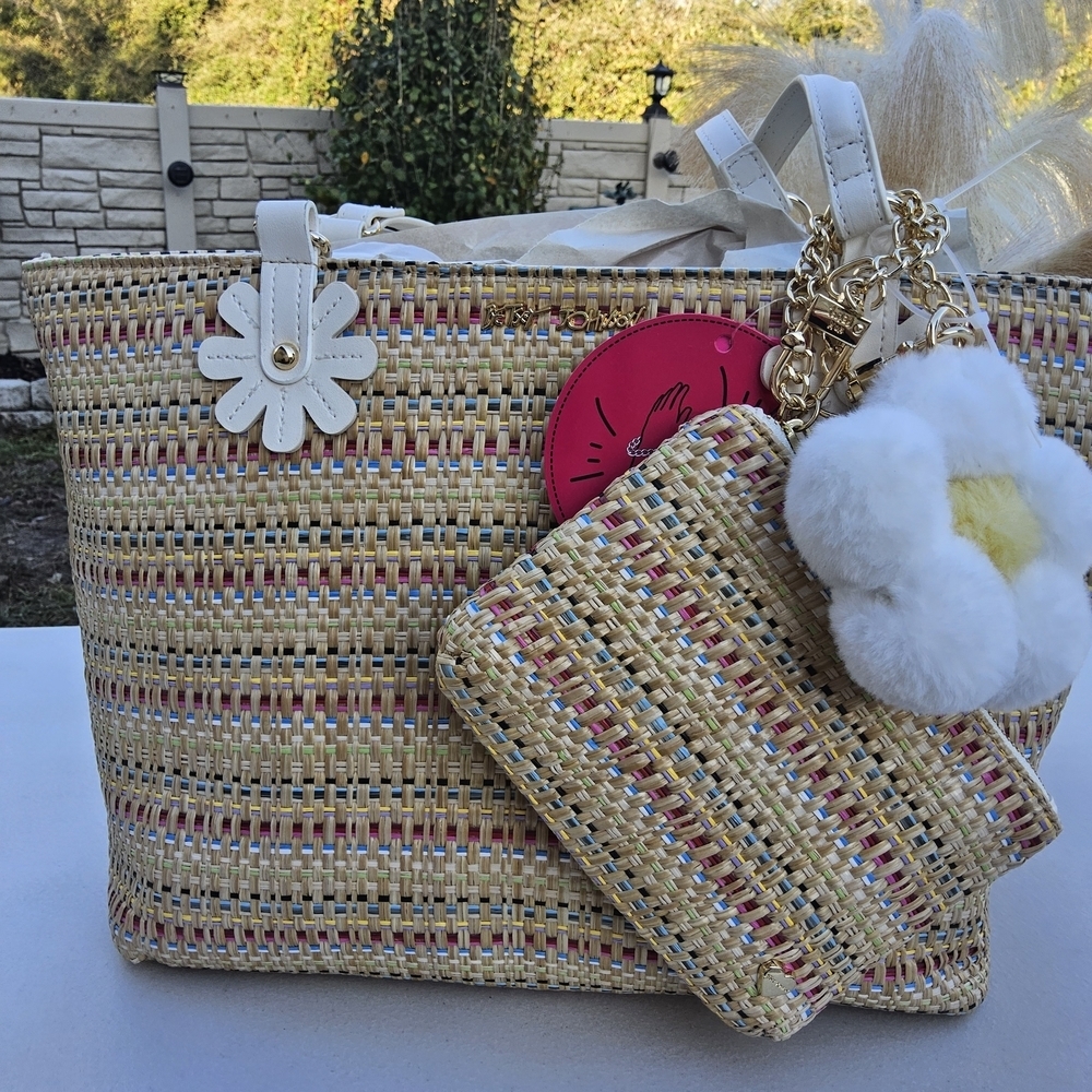 Betsey Johnson Multicolor Woven Tote with Floral Accents - Picture 2 of 7